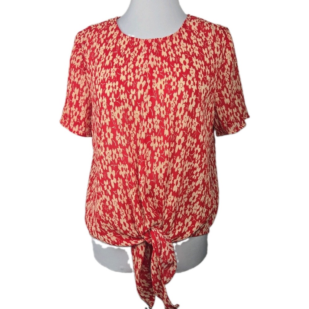 Madewell Medium Red Floral Crinkle Tie Front Button Back Blouse Top
